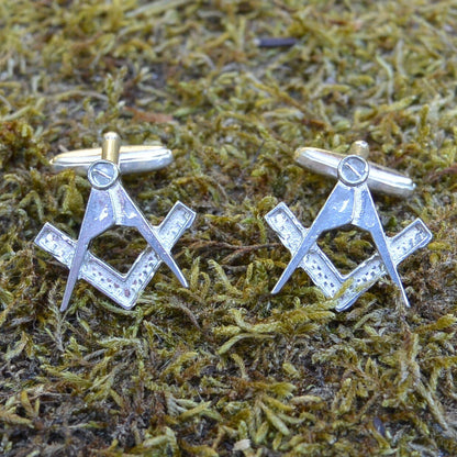 Masonic Cufflinks (Square and Compass Design), Handcast Pewter Cufflinks, Polished Finish