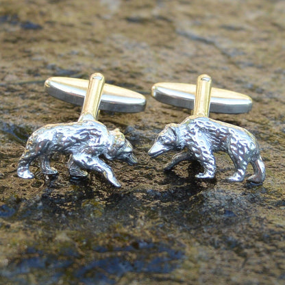 Bear Cufflinks, Handcast Pewter Cufflinks, Polished Finish