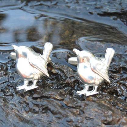 Wren Cufflinks, Handcast Pewter Cufflinks, Polished Finish