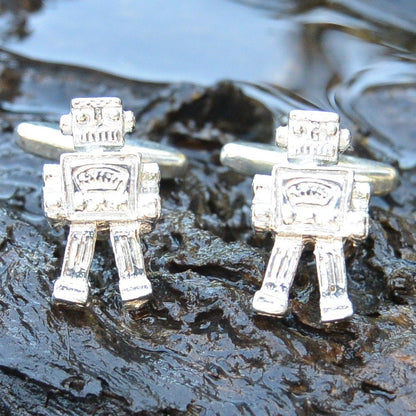Retro Robot Cufflinks, Handcast Pewter Cufflinks, Polished Finish