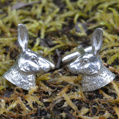 Hare Head Cufflinks, Handcast Pewter Cufflinks, Polished Finish