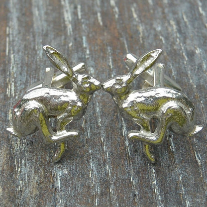 Running Hare Cufflinks, Handcast Pewter Cufflinks, Polished Finish