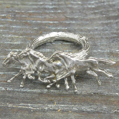 Three Galloping Horses Scarf Ring, Handcast Pewter, Polished Finish