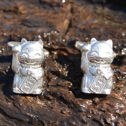 Beckoning Cat Cufflinks (Maneki Neko), Handcast Pewter Cufflinks, Polished Finish