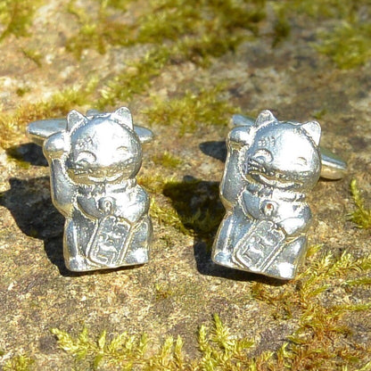 Beckoning Cat Cufflinks (Maneki Neko), Handcast Pewter Cufflinks, Polished Finish