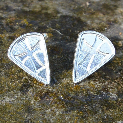 Knights Templar Cufflinks (Long Shield, Inset Cross), Handcast Pewter Cufflinks, Polished Finish