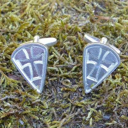 Knights Templar Cufflinks (Long Shield, Inset Cross), Handcast Pewter Cufflinks, Polished Finish