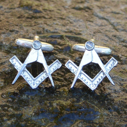 Masonic Cufflinks (Square and Compass Design), Handcast Pewter Cufflinks, Polished Finish