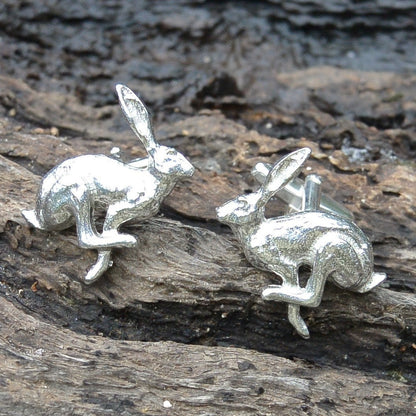Running Hare Cufflinks, Handcast Pewter Cufflinks, Polished Finish