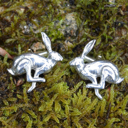 Running Hare Cufflinks, Handcast Pewter Cufflinks, Polished Finish