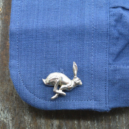 Running Hare Cufflinks, Handcast Pewter Cufflinks, Polished Finish