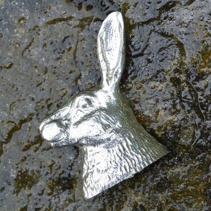 Hare Head Brooch, Handcast Pewter, Polished Finish