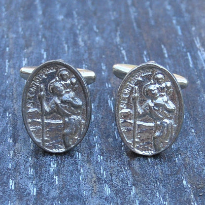 St Christopher Cufflinks, Handcast Pewter Cufflinks, Polished Finish