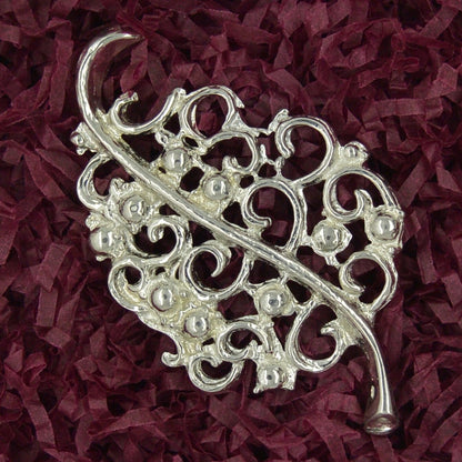 Ornate Scroll Leaf Brooch, Handcast Pewter, Polished Finish