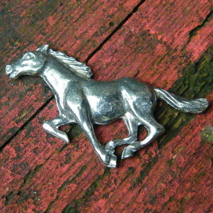 Galloping Horse Brooch, Handcast Pewter, Polished Finish