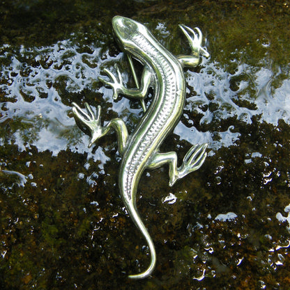 Lizard Brooch, Handcast Pewter, Polished Finish