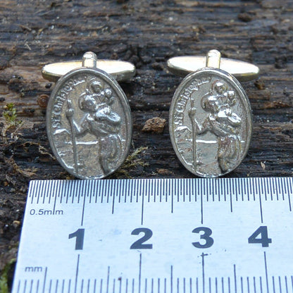 St Christopher Cufflinks, Handcast Pewter Cufflinks, Polished Finish