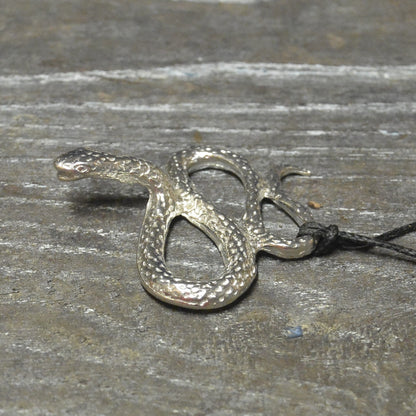 Snake Pendant Necklace (Coiled Serpent Design), Handcast Pewter Pendant on Adjustable Waxed Cord