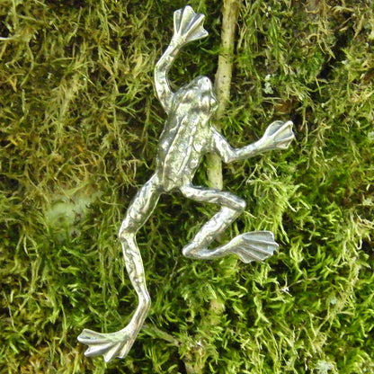 Frog Brooch (Climbing Frog Smaller), Handcast Pewter Brooch, Polished Finish