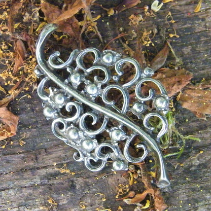 Ornate Scroll Leaf Brooch, Handcast Pewter, Polished Finish