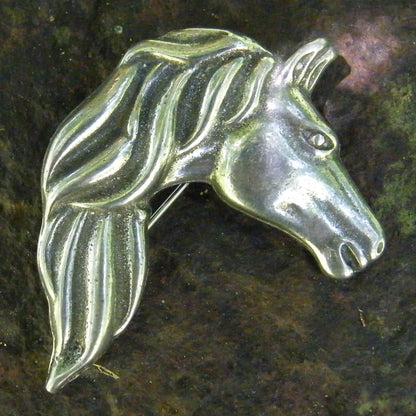 Horse Head Brooch, Handcast Pewter, Polished Finish