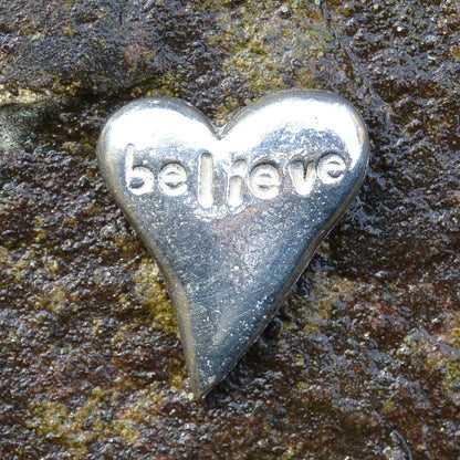 Believe, Love Heart, Pocket Token, Handmade, in Fine Pewter, by William Sturt, Sent In Pretty Organza Bag