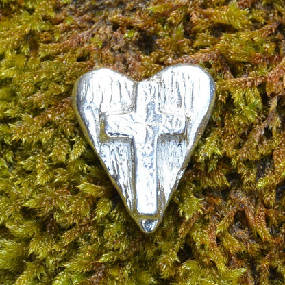 Religious Cross, Heart, Pocket Token, Handmade, in Fine Pewter, by William Sturt, Sent In Pretty Organza Bag
