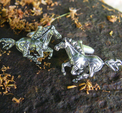 Galloping Horse Cufflinks, Handcast Pewter Cufflinks, Polished Finish