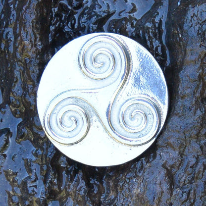 Triskele Brooch, Round, Handcast Pewter, Polished Finish