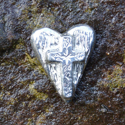Religious Cross, Heart, Pocket Token, Handmade, in Fine Pewter, by William Sturt, Sent In Pretty Organza Bag
