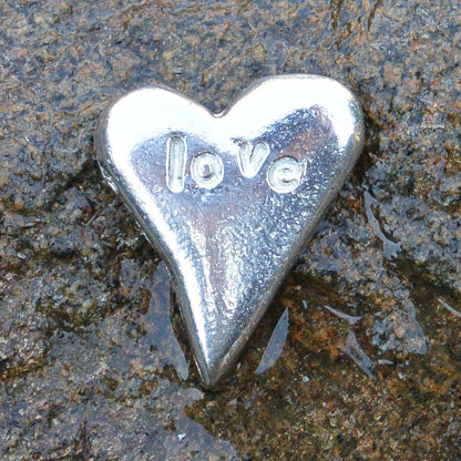 Love, Pocket Pebble, Pewter Pebble Love, Heart, Lucky Charm Token, Heart Pocket Token, Handmade, in Fine Pewter, by William Sturt