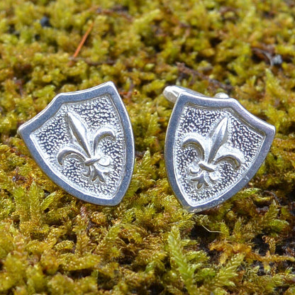 Shield Fleur-de-Lys Cufflinks, Handcast Pewter, Polished Finish