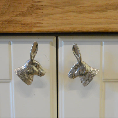 Hares Head Kitchen Knobs, Rabbit Drawer Knobs, Cabinet Knobs, Handmade, in Fine Pewter, by William Sturt