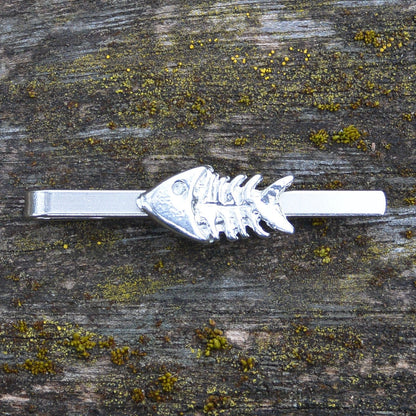 Fish Skeleton Tie Clip, Handcast Pewter Tie Clip, Polished Finish