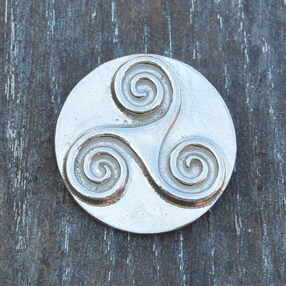 Triskele Brooch, Round, Handcast Pewter, Polished Finish