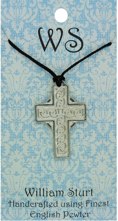Celtic Cross Pendant Necklace (Engraved Knotwork Design), Handcast Pewter Pendant on Adjustable Waxed Cord