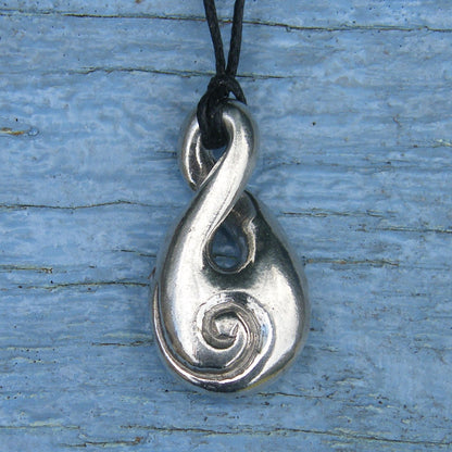 Infinity Loop Pendant Necklace with Koru Spiral, Handcast Pewter Pendant on Adjustable Waxed Cord