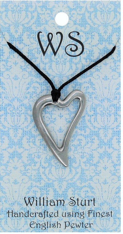 Heart Pendant Necklace, Open Heart Design, Handcast Pewter on Adjustable Waxed Cord