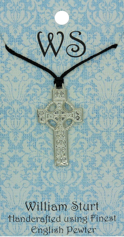 Celtic Cross Pendant Necklace (Open Ring Knotwork Design), Handcast Pewter Pendant on Adjustable Waxed Cord