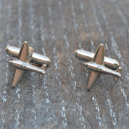 Spitfire Cufflinks and Tie Clip Set, Airplane Cufflinks and Tie Clip, Handmade, in Fine Pewter, by William Sturt