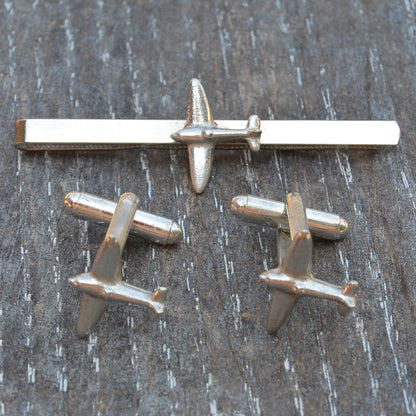 Spitfire Cufflinks and Tie Clip Set, Airplane Cufflinks and Tie Clip, Handmade, in Fine Pewter, by William Sturt