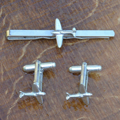 Spitfire Cufflinks and Tie Clip Set, Airplane Cufflinks and Tie Clip, Handmade, in Fine Pewter, by William Sturt