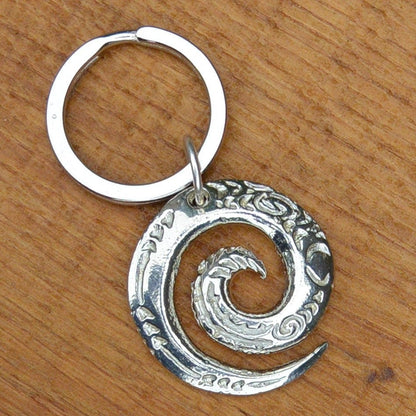 Maori Spiral Keyring, Engraved Spiral Key Fob, Handmade, by William Sturt, in Fine Pewter