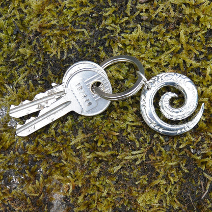 Maori Spiral Keyring, Engraved Spiral Key Fob, Handmade, by William Sturt, in Fine Pewter