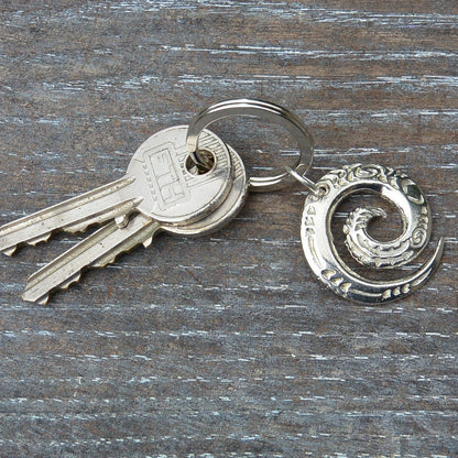 Maori Spiral Keyring, Engraved Spiral Key Fob, Handmade, by William Sturt, in Fine Pewter