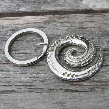 Maori Spiral Keyring, Engraved Spiral Key Fob, Handmade, by William Sturt, in Fine Pewter