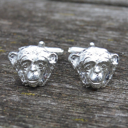 Chimpanzee Cufflinks, Handcast Pewter Cufflinks, Polished Finish