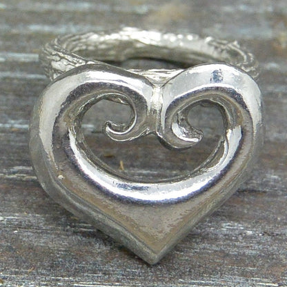 Koru Heart Scarf Ring, Oak Twig Ring, Handcast Pewter, Polished Finish
