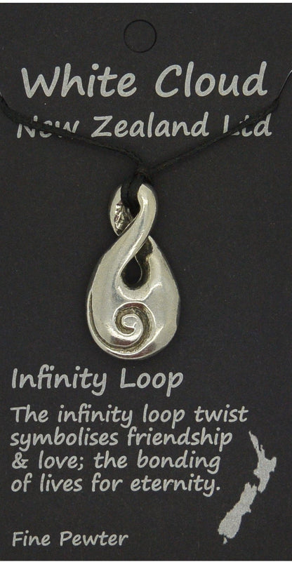 Infinity Loop Pendant Necklace with Koru Spiral, Handcast Pewter Pendant on Adjustable Waxed Cord