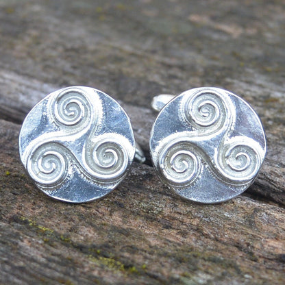 Triskele Cufflinks (Solid Design), Handcast Pewter Cufflinks, Polished Finish